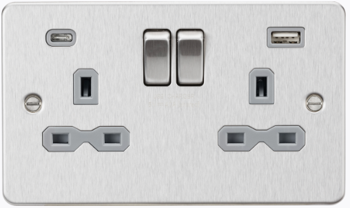 13A 2G SP Switched Socket with Dual USB A+C (5V DC 4.0A shared) - Brushed Chrome with Grey Insert FPR9940BCG