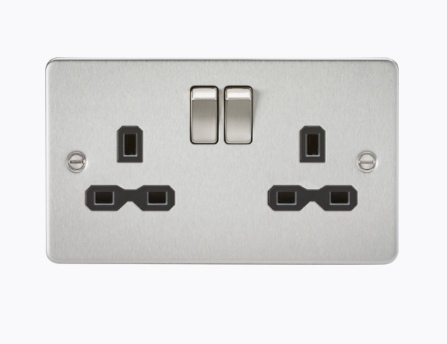13A 2G DP Switched Socket with Twin Earths - Brushed Chrome with Black Insert FPR9000BC