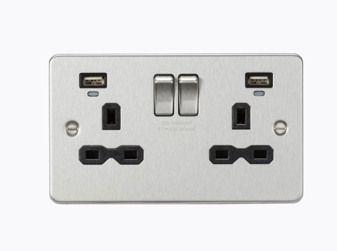 13A 2G Switched Socket, Dual USB (2.4A) with LED Charge Indicators - Brushed Chrome w/Black Insert FPR9904NBC