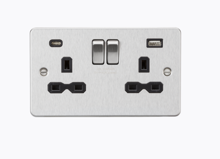 13A 2G SP Switched Socket with Dual USB A+C (5V DC 4.0A shared) - Brushed Chrome with Black Insert