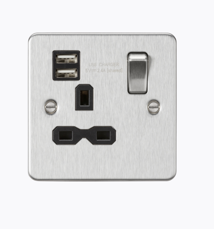 13A 1G SP Switched Socket with Dual USB A+A (5V DC 2.4A shared) - Brushed Chrome with Black Insert FPR9124BC