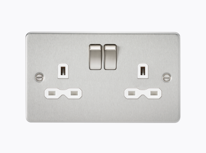 13A 2G DP Switched Socket with Twin Earths - Brushed Chrome with White Insert FPR9000BCW