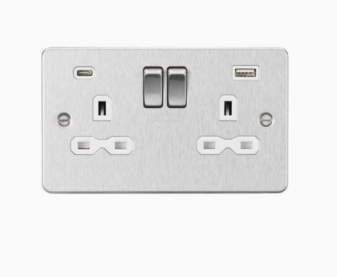 13A 2G SP Switched Socket with Dual USB A+C (5V DC 4.0A shared) - Brushed Chrome with White Insert FPR9940BCW