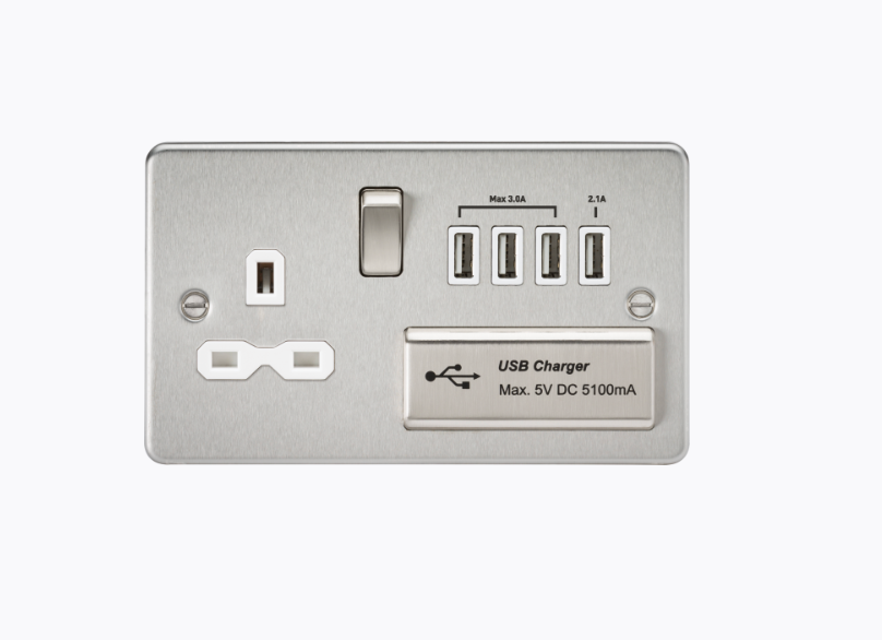 13A Switched Socket with Quad USB-A (5V DC 5.1A shared) - Brushed chrome with White Insert