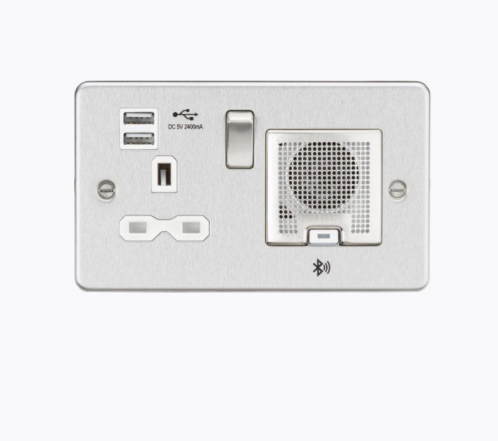13A Socket Bluetooth Speaker and Dual USB A+A (5V DC 2.4A shared) - Brushed Chrome with White Insert FPR9905BCW