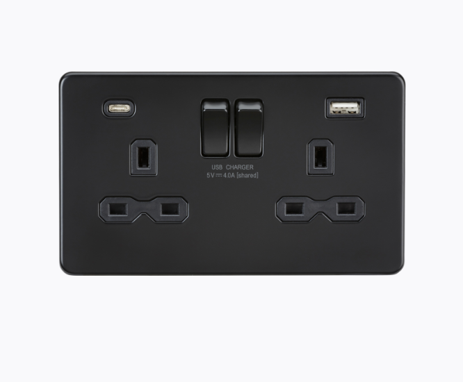 13A 2G SP Switched Socket with Dual USB A+C (5V DC 4.0A shared) - Matt Black with Black Insert SFR9940MBB