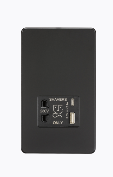 230V Shaver Socket with Dual USB A+C [5V DC 2.4A shared] - Matt Black with Black Insert SF8909MB