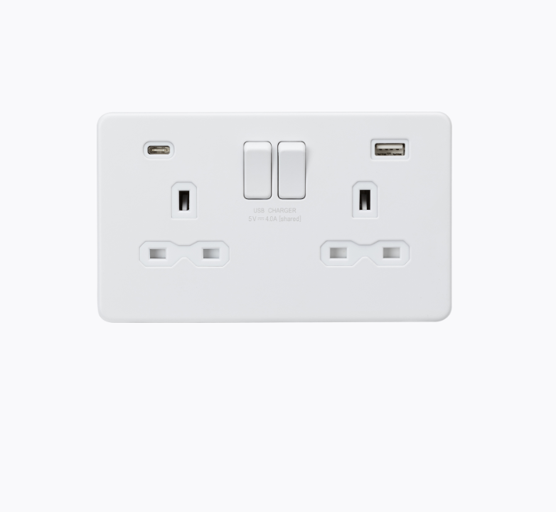 13A 2G SP Switched Socket with Dual USB A+C (5V DC 4.0A shared) - Matt White with White Insert SFR9940MW